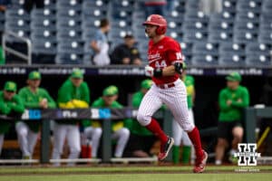 Nebraska Cornhusker Gabe Swansen (44) runs home after hitting a two-run home run in the first inning against the Oregon Ducks during the Big Ten Baseball Tournament on Saturday, May 24, 2025 in Omaha, Nebraska. Photo by John S. Peterson.