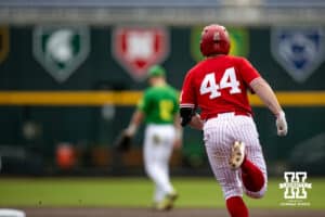 Nebraska Cornhusker outfielder Gabe Swansen (44) runs the base after hitting a home run in the the first inning against the Oregon Ducks during the Big Ten Baseball Tournament on Saturday, May 24, 2025 in Omaha, Nebraska. Photo by John S. Peterson.