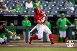 Nebraska Cornhusker outfielder Gabe Swansen (44) hits a two run home run in the first inning against the Oregon Ducks during the Big Ten Baseball Tournament on Saturday, May 24, 2025 in Omaha, Nebraska. Photo by John S. Peterson.