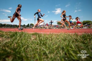 Runners compete in the Class A girls 100 meter prelims during the NSAA State Track and Field Championships on Wednesday, May 21, 2025 in Omaha, Nebraska. Photo by Mac Johnson.