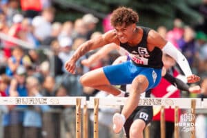 Omaha North’s Darion Jones competes in the 100 meter hurdle prelims during the NSAA State Track and Field Championships on Wednesday, May 21, 2025 in Omaha, Nebraska. Photo by Mac Johnson.