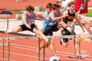 Class A runners compete in the 100 meter hurdle prelims during the NSAA State Track and Field Championships on Wednesday, May 21, 2025 in Omaha, Nebraska. Photo by Mac Johnson.