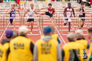 Class B runners compete in the 100 meter hurdle prelims during the NSAA State Track and Field Championships on Wednesday, May 21, 2025 in Omaha, Nebraska. Photo by Mac Johnson.