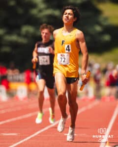 Fremont’s Juan Gonzalez crosses the finish line in the 4x800 relays during the NSAA State Track and Field Championships on Wednesday, May 21, 2025 in Omaha, Nebraska. Photo by Mac Johnson.