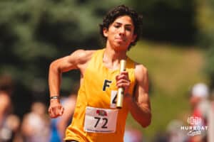 Fremont’s Juan Gonzalez runs during the 4x800 relays during the NSAA State Track and Field Championships on Wednesday, May 21, 2025 in Omaha, Nebraska. Photo by Mac Johnson.