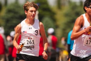 Skutt Catholic’s Lincoln Wolfe runs in the 4x800 relays during the NSAA State Track and Field Championships on Wednesday, May 21, 2025 in Omaha, Nebraska. Photo by Mac Johnson.