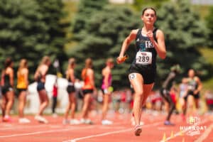 Papillion La-Vista South’s Elizabeth Heisler runs in the 4x800 relays during the NSAA State Track and Field Championships on Wednesday, May 21, 2025 in Omaha, Nebraska. Photo by Mac Johnson.