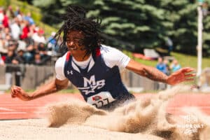 Millard South’s Aamir Hill lands during a triple jump attempt during the NSAA State Track and Field Championships on Wednesday, May 21, 2025 in Omaha, Nebraska. Photo by Mac Johnson.