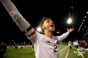 Westside's Cody Meyerson (2) celebrates after the NSAA Boys Class A soccer finals on Tuesday, May 20, 2025, in Omaha, Nebraska. Photo by Braden Cochran.