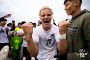 Schuyler's Joeseph Cornwell (17) celebrates after the NSAA Boys Class B soccer finals on Tuesday, May 20, 2025, in Omaha, Nebraska. Photo by Braden Cochran.