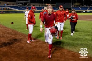 Nebraska Cornhusker Robby Bolin (5) walks to the dugout after the walk-off in over Michigan State Spartans during the Big Ten Baseball Tournament on Tuesday, May 20, 2025 in Omaha, Nebraska. Photo by John S. Peterson.