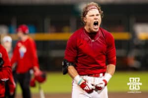 Nebraska Cornhusker outfielder Robby Bolin (5) celebrates a walk-off single during the Big Ten Baseball Tournament on Tuesday, May 20, 2025 in Omaha, Nebraska. Photo by Mac Johnson.