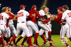 Nebraska Cornhuskers celebrate the walk-off in over the Michigan State Spartans during the Big Ten Baseball Tournament on Tuesday, May 20, 2025 in Omaha, Nebraska. Photo by John S. Peterson.