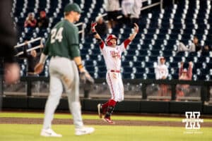 Nebraska Cornhusker outfielder Robby Bolin (5) celebrates a walk-off single during the Big Ten Baseball Tournament on Tuesday, May 20, 2025 in Omaha, Nebraska. Photo by Mac Johnson.