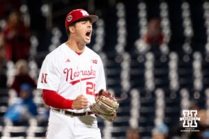 Nebraska Cornhusker infielder Dylan Carey (15) celebrates during the Big Ten Baseball Tournament on Tuesday, May 20, 2025 in Omaha, Nebraska. Photo by Mac Johnson.