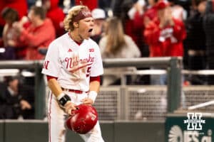Nebraska Cornhusker outfielder Robby Bolin (5) celebrates a game-tying RBI during the Big Ten Baseball Tournament on Tuesday, May 20, 2025 in Omaha, Nebraska. Photo by Mac Johnson.
