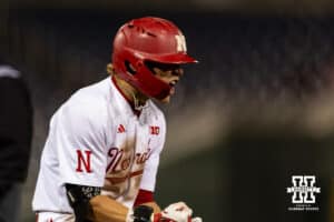 Nebraska Cornhusker outfielder Robby Bolin (5) celebrates a single in the bottom of the ninth against the Michigan State Spartans during the Big Ten Baseball Tournament on Tuesday, May 20, 2025 in Omaha, Nebraska. Photo by John S. Peterson.