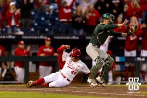 Nebraska Cornhusker outfielder Gabe Swansen (44) scoes in the sixth inning during the Big Ten Baseball Tournament on Tuesday, May 20, 2025 in Omaha, Nebraska. Photo by John S. Peterson.