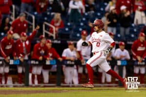Nebraska Cornhusker Cayden Brumbaugh (0) scores in the sixth inning against the Michigan State Spartans during the Big Ten Baseball Tournament on Tuesday, May 20, 2025 in Omaha, Nebraska. Photo by John S. Peterson.