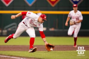Nebraska Cornhusker infielder Josh Overbeek (4) fields a ball during the Big Ten Baseball Tournament on Tuesday, May 20, 2025 in Omaha, Nebraska. Photo by Mac Johnson.