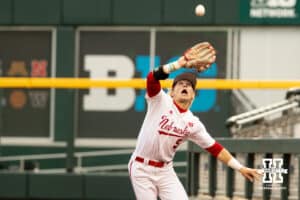 Nebraska Cornhusker outfielder Robby Bolin (5) catches a ball during the Big Ten Baseball Tournament on Tuesday, May 20, 2025 in Omaha, Nebraska. Photo by Mac Johnson.