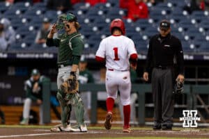 Nebraska Cornhusker outfielder Riley Silva (1) scores a run in the first inning against the Michigan State Spartans during the Big Ten Baseball Tournament on Tuesday, May 20, 2025 in Omaha, Nebraska. Photo by John S. Peterson.