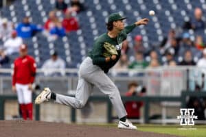 Michigan State Spartan pitcher Joseph Dzierwa (16) throws a pitch against the Nebraska Cornhuskers during the Big Ten Baseball Tournament on Tuesday, May 20, 2025 in Omaha, Nebraska. Photo by John S. Peterson.