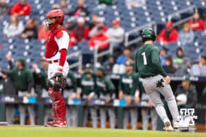 Michigan State Spartan infielder Ryan McKay (1) scores a run against the Nebraska Cornhuskers in the first inning during the Big Ten Baseball Tournament on Tuesday, May 20, 2025 in Omaha, Nebraska. Photo by John S. Peterson.