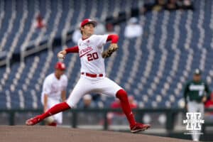 Nebraska Cornhusker pitcher Ty Horn (20) throws a a pitch in the first inning against the Michigan State Spartans during the Big Ten Baseball Tournament on Tuesday, May 20, 2025 in Omaha, Nebraska. Photo by John S. Peterson.