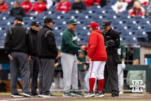 Nebraska Cornhuskers head coach Will Bolt shakes hand with the Michigan State Spartans head coach Jake Boss Jr. beofre the start of the game during the Big Ten Baseseball Tournament on Tuesday, May 20, 2025 in Omaha, Nebraska. Photo by John S. Peterson.