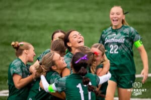 Lincoln Southwest teammates celebrate after a goal in the second half against Marion during the NSAA Girls Class A soccer finals on Monday, May 19, 2025, in Omaha, Nebraska. Photo by Braden Cochran.