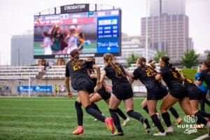 Gretna East celebrates their 5-0 win against Pius X after the NSAA Girls Class B soccer finals on Monday, May 19, 2025, in Omaha, Nebraska. Photo by Braden Cochran.