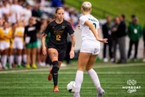 Gretna East's Kendall Dobberstein (12) pushes up the field during the NSAA Girls Class B soccer finals on Monday, May 19, 2025, in Omaha, Nebraska. Photo by Braden Cochran.
