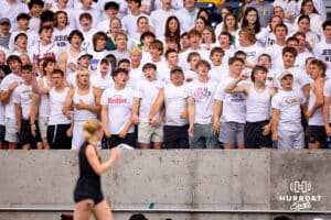 A roudy Pius X student section cheers on their team during the NSAA Girls Class B soccer finals on Monday, May 19, 2025, in Omaha, Nebraska. Photo by Braden Cochran.