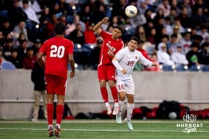 Omaha South Defender Damien Fierro contests a header with South Sioux City's Gustavo Garcia-Mojica (10) during the NSAA Boys Class A soccer semi-finals on Friday, May 16, 2025, in Omaha, Nebraska. Photo by Braden Cochran.