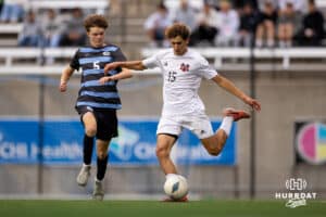 Westside, Gianluca Oberto (15) pushes the ball forward to hold onto the lead against Creighton Prep during the NSAA Boys Class A soccer semi-finals on Friday, May 16, 2025, in Omaha, Nebraska. Photo by Braden Cochran.