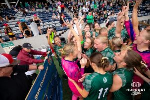 Lincoln Southwest celebrates together after the win over Elkhorn South during the NSAA Girls Class A soccer semi-finals on Friday, May 16, 2025, in Omaha, Nebraska. Photo by Braden Cochran.