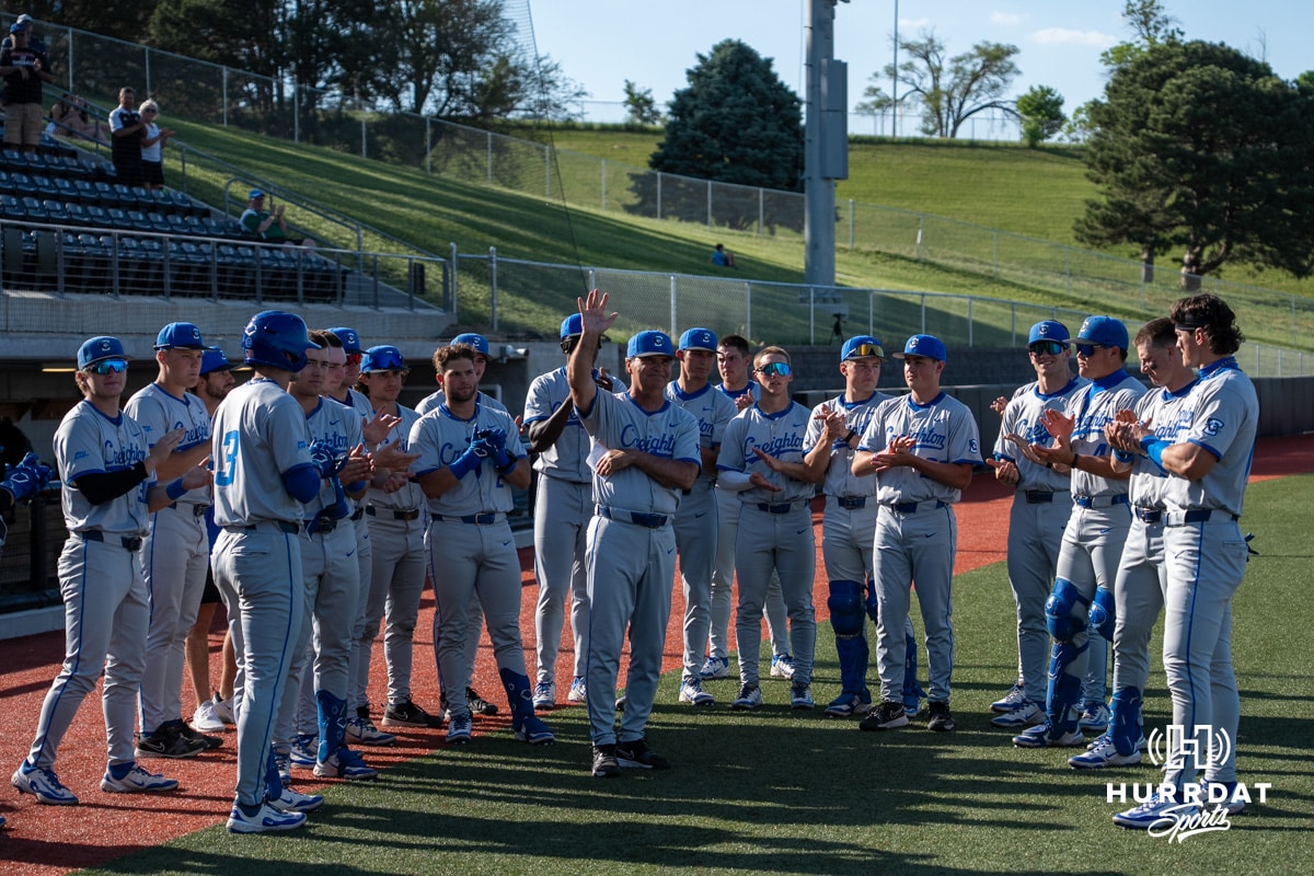 Creighton Head Coach Ed Servais thanks the crowd before a baseball game against Omaha Tuesday, May 13th 2025 in Omaha, Nebraska. Photo by Brandon Tiedemann.