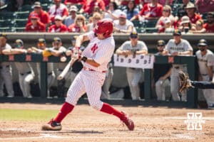 Nebraska Cornhusker Tyler Stone (55) at bat against Michigan during a college baseball game Saturday, May 10, 2025, in Lincoln, Nebraska. Photo by Jansen Coburn.