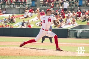 Nebraska Cornhusker pitcher Ty Horn (20) throws a pitch against Michigan during a college baseball game Saturday, May 10, 2025, in Lincoln, Nebraska. Photo by Jansen Coburn.