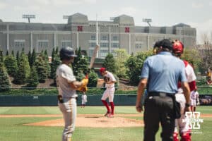 Nebraska Cornhusker pitcher Ty Horn (20) prepares to throw a pitch against Michigan during a college baseball game Saturday, May 10, 2025, in Lincoln, Nebraska. Photo by Jansen Coburn.