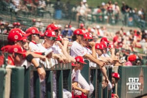 Nebraska Cornhuskers watching the action on the field against Michigan during a college baseball game Saturday, May 10, 2025, in Lincoln, Nebraska. Photo by Jansen Coburn.