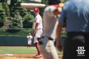 Nebraska Cornhusker pitcher Ty Horn (20) prepares to throw a pitch against Michigan during a college baseball game Saturday, May 10, 2025, in Lincoln, Nebraska. Photo by Jansen Coburn.