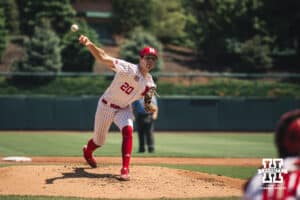 Nebraska Cornhusker pitcher Ty Horn (20) throws a pitch against Michigan during a college baseball game Saturday, May 10, 2025, in Lincoln, Nebraska. Photo by Jansen Coburn.