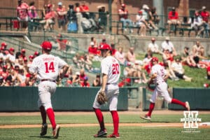 Nebraska Cornhusker pitcher Ty Horn (20) walks to the dugout against Michigan during a college baseball game Saturday, May 10, 2025, in Lincoln, Nebraska. Photo by Jansen Coburn.