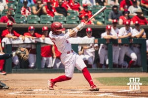 Nebraska Cornhusker Cayden Brumbaugh (0) at bat against Michigan during a college baseball game Saturday, May 10, 2025, in Lincoln, Nebraska. Photo by Jansen Coburn.