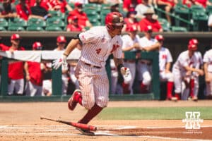 Nebraska Cornhusker Josh Overbeek (4) at bat against Michigan during a college baseball game Saturday, May 10, 2025, in Lincoln, Nebraska. Photo by Jansen Coburn.