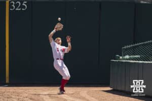 Nebraska Cornhusker outfielder Robby Bolin (5) makes a out against Michigan during a college baseball game Saturday, May 10, 2025, in Lincoln, Nebraska. Photo by Jansen Coburn.