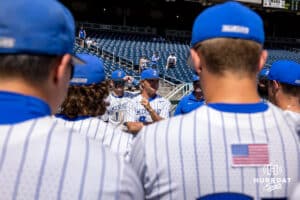 Creighton Bluejays head coach Ed Servais meets with the team after the loss to Xavier Musketeers during a college baseball game on Sunday, May 11, 2025 in Omaha, Nebraska. Photo by John S. Peterson.