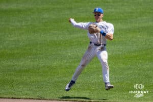 Creighton Bluejay infielder Ben North (11) throws to first against the Xavier Musketeers during a college baseball game on Sunday, May 11, 2025 in Omaha, Nebraska. Photo by John S. Peterson.